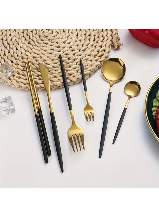 36 Piece Stainless Steel Tableware Set Golden Black Knife Fork Spoon Chopsticks - Image 2